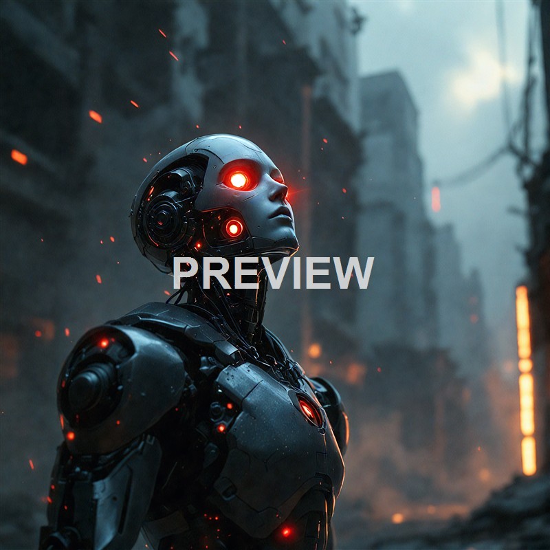 A humanoid robot with a sleek, metallic body and glowing red eyes stands in a futuristic, war-torn cityscape with dark, smoky surroundings.